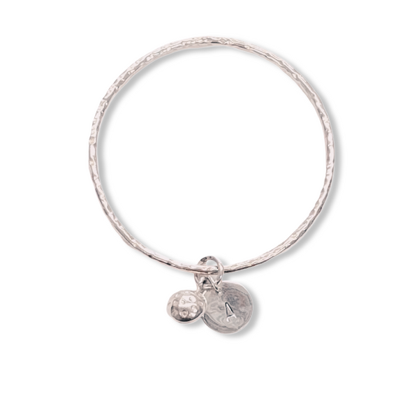 Initial Bell Charm Silver Bangle - 3mm