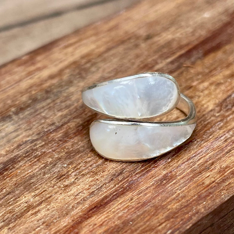 Adjustable Double Band Sterling Silver Ring - Mother of Pearl